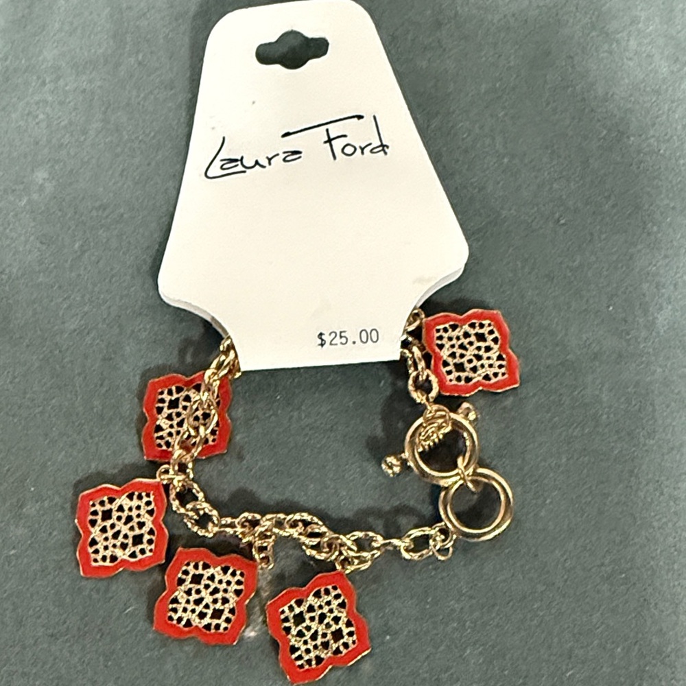 Red and Gold Floral Charm Bracelet